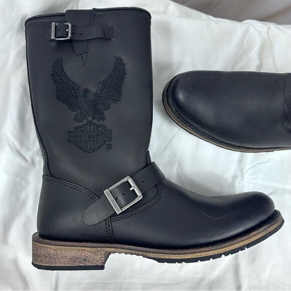 HARLEY DAVIDSON CLINT MENS BROWN EAGLE LEATHER CONDCTOR BIKER ZIP BOOTS ORIGINAL - Picture 1 of 9